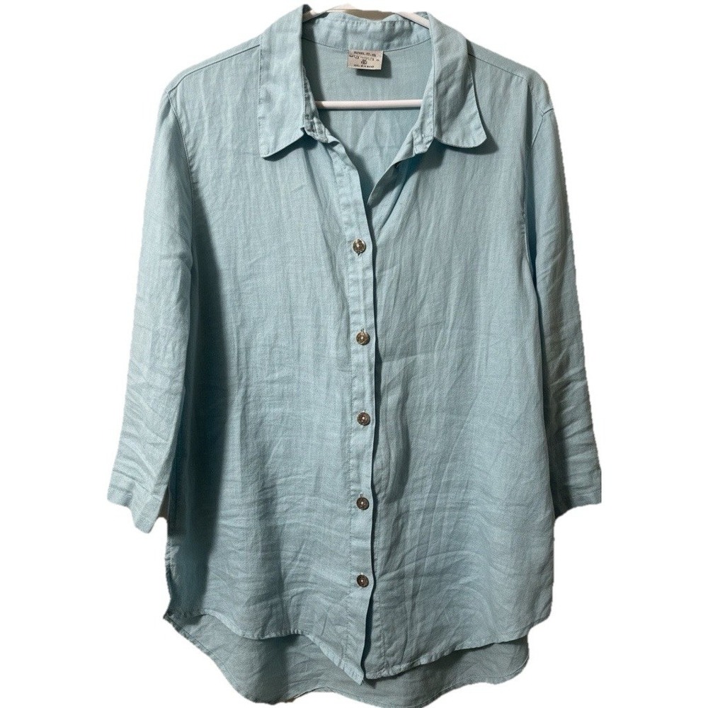 CLICK Color Me Cotton 100% Linen Top XL Lagenlook Baby Blue Asymmetrical Hem USA